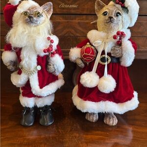 Festive Cat Santa and Mrs. Claus Figurines